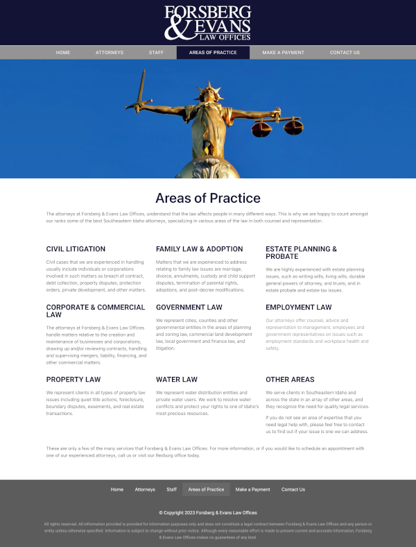 Forsberg & Evans Law Offices website screenshot.