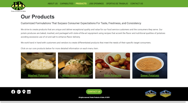 Potato Products of Idaho website screenshot.