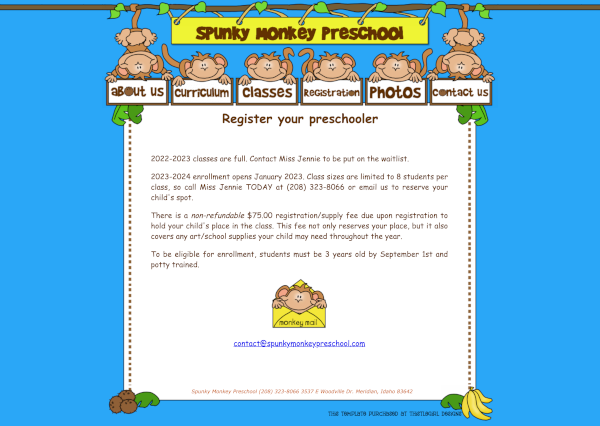 Spunky Monkey Preschool website screenshot.